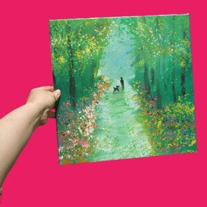 acrylic painting on canvas person and their dog on a wooded trail